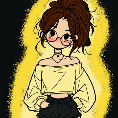 girl with a messy ponytail glasses a baggy crop top and jean shorts