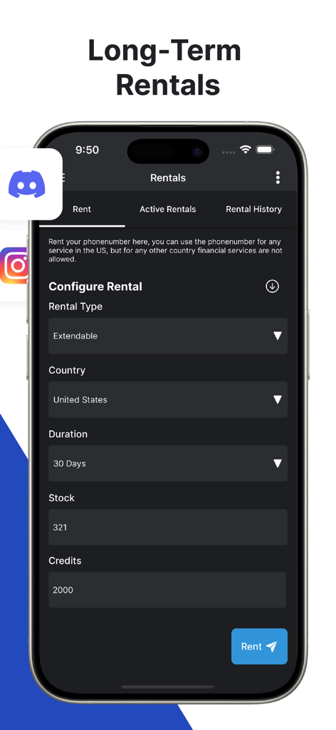 SMSPool app interface for configuring long-term non-VOIP phone number rentals in the United States