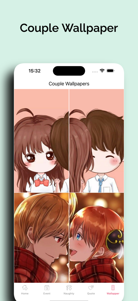 My Love - Couple Naughty Game - Mobile screen showing matching anime wallpapers for couples