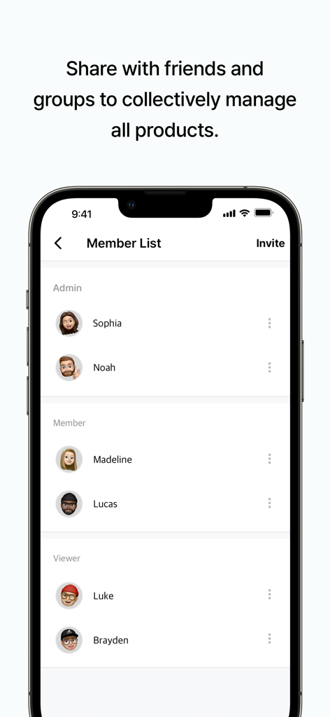 BEEP - Expiry Date Tracking - BEEPアプリのメンバーリスト画面。友人や家族と共有在庫を管理するため