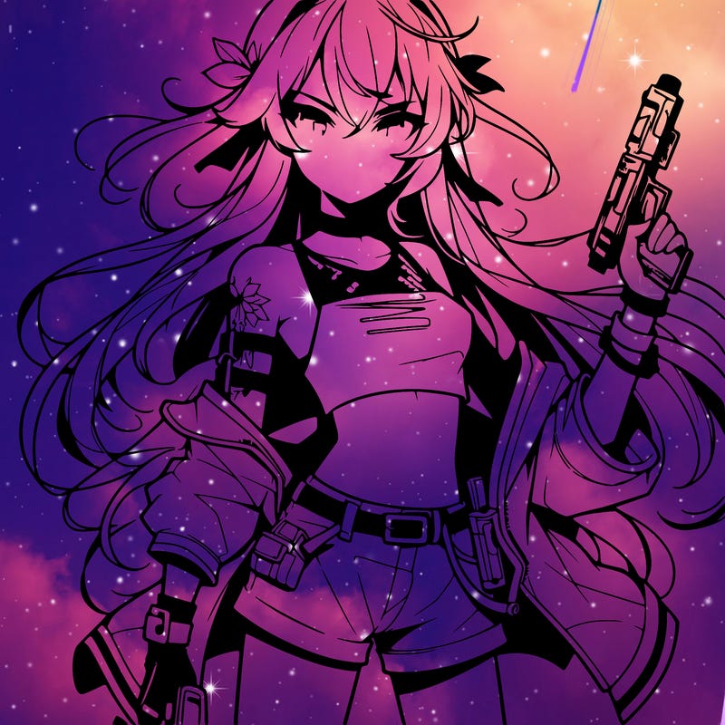 bad girl wearing crop top holding a gun long hair anime