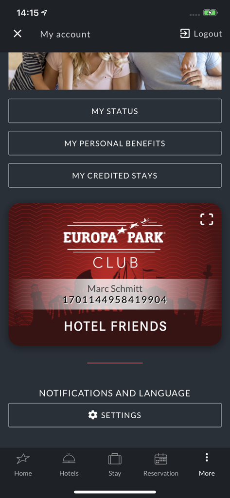 ヨーロッパパークホテルアプリの「マイ・アカウント」画面。ホテル・フレンズ・ロイヤルティクラブのデジタルカードが表示されています。