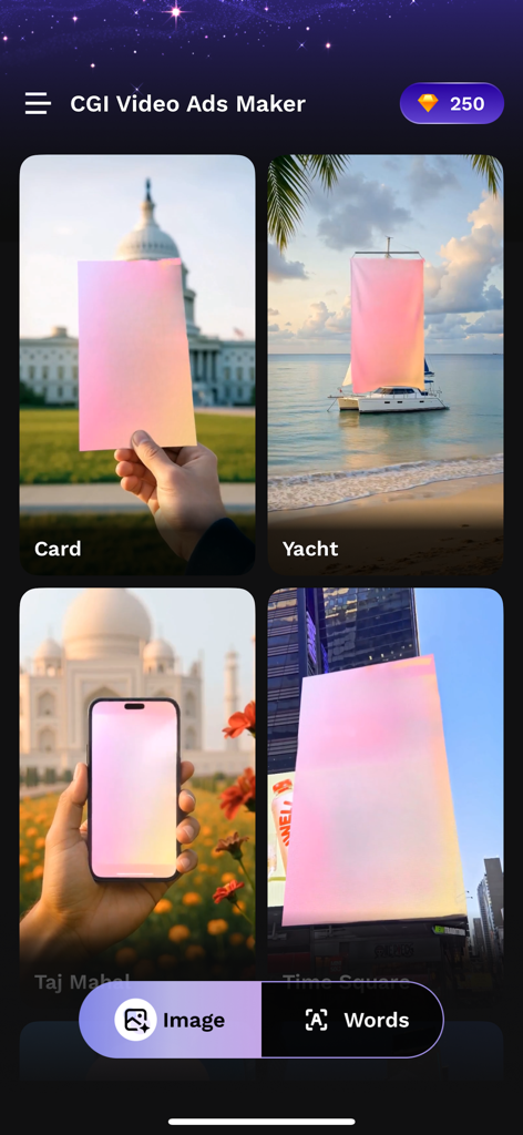 CGI Video Ads Maker - VFX Ads - ヨットのビルボードや都市のランドマークを含む、バイラルソーシャルメディア広告作成用の3D VFXテンプレートを表示するCGI動画広告メーカーアプリのスクリーンショット