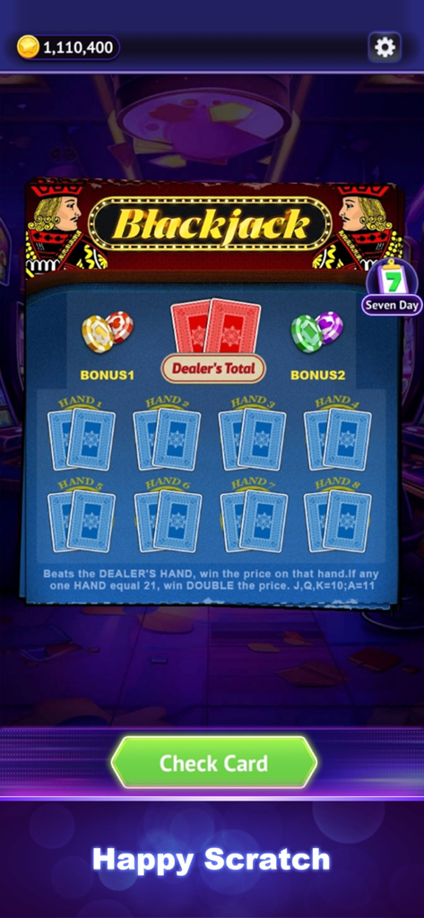 A blackjack themed scratch card in the Scratch Ace mobile app interface