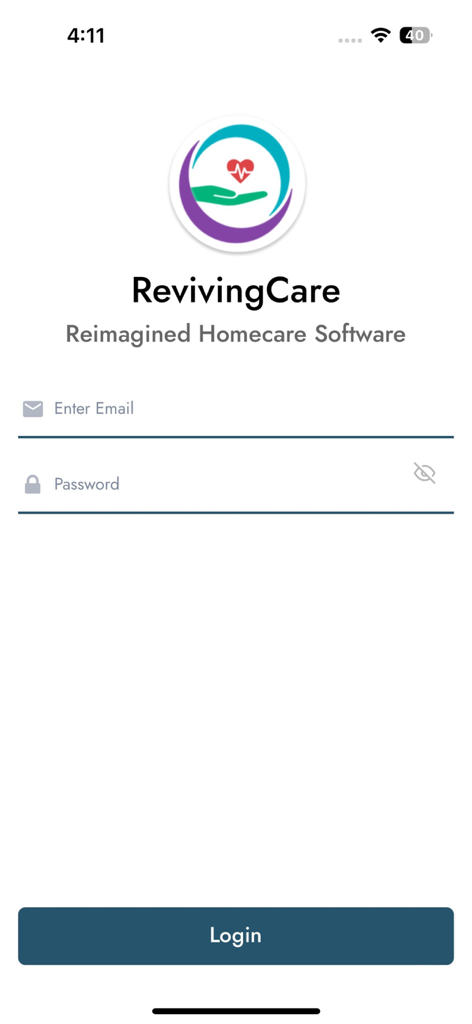 RevivingCare EVV - RevivingCare EVV mobile app login page with email and password input fields