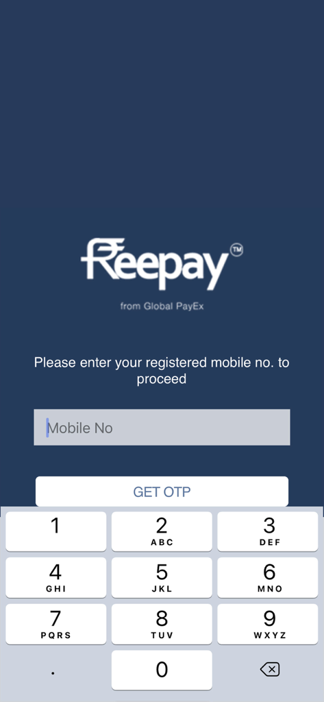 FreePay - FreePay app login screen showing a mobile number input field and a GET OTP button for user authentication.