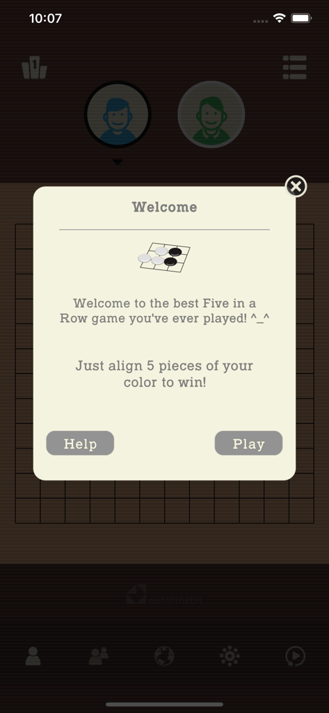 Five In a Row - Gomoku - A welcome screen for the Gomoku mobile game explaining that the goal is to align five pieces of the same color.