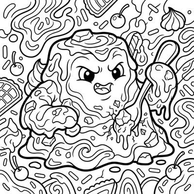 Get ready for a deliciously fun coloring challenge with this unique Pudding Monster. This adorable yet fierce dessert creature is surrounded by delightful sweets, offering a canvas for your most creative color palettes.