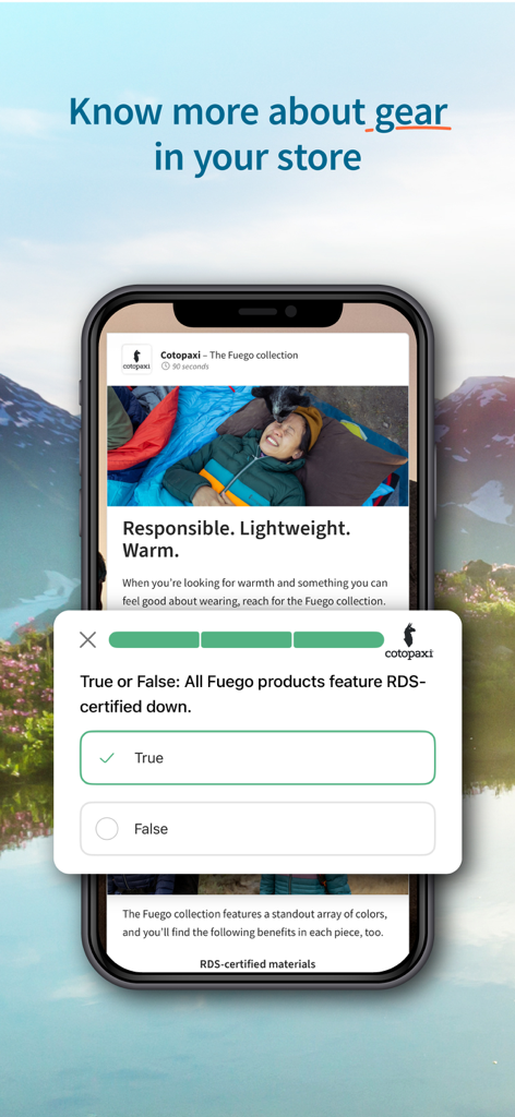 ExpertVoice - A smartphone displaying a brand education quiz on the ExpertVoice app