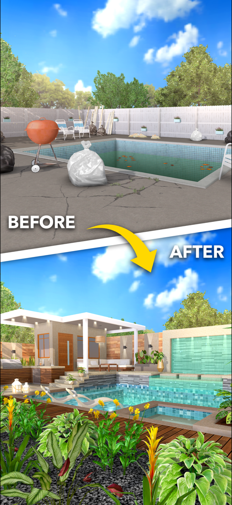 Home Design Makeover - A before and after comparison of a backyard pool renovation from a messy area to a luxury outdoor space.