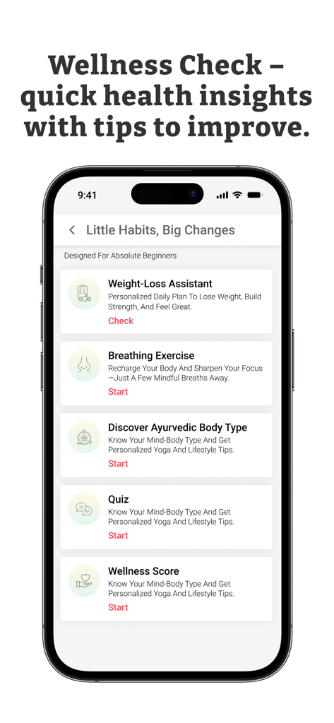 Écran de vérification du bien-être de l'application Shvasa montrant des outils de santé personnalisés et des conseils de style de vie