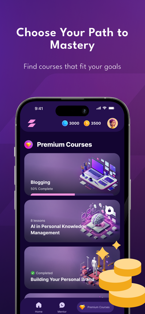 Zenfy - Zenfy app interface showing a list of premium courses including Blogging, AI in Personal Knowledge Management, and Building Your Personal Brand.
