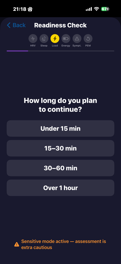 PaceME: Pacing & Energy - Readiness check screen in the PaceME app asking the user to select their planned activity duration.