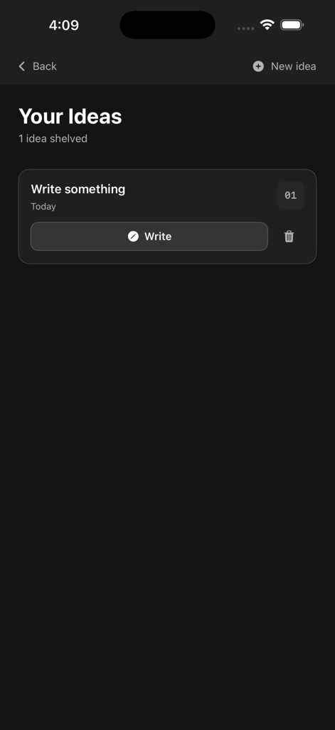Scribble.io app interface showing the Your Ideas list with a dark minimalist design and a card for writing a new idea.