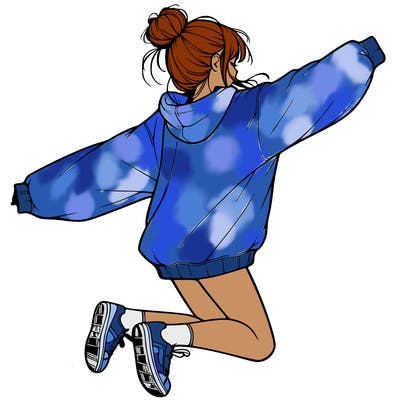 realistic girl jumping with a bun and oversized sweatshirt