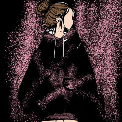 realistic girl with a oversized sweatshirt on and a bun