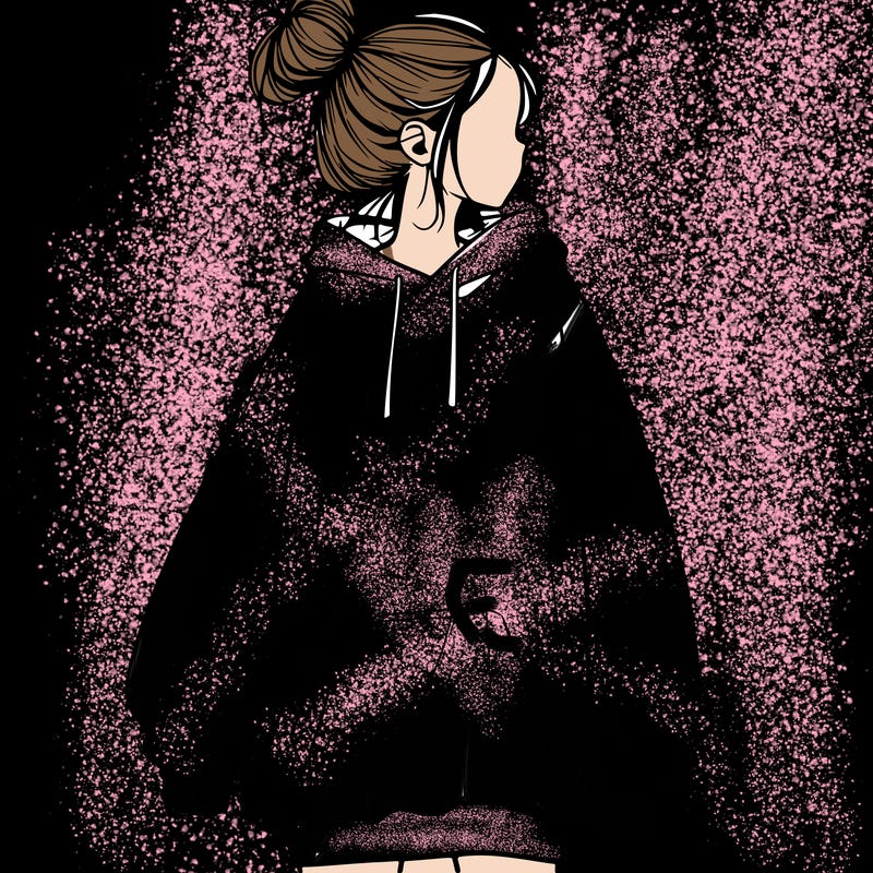 realistic girl with a oversized sweatshirt on and a bun