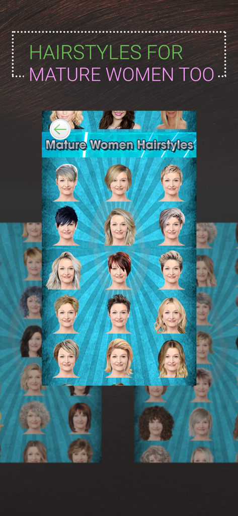 Perfect Hairstyle and Hair Cut - Una griglia che mostra varie opzioni di acconciatura per donne mature nell'app Perfect Hairstyle.