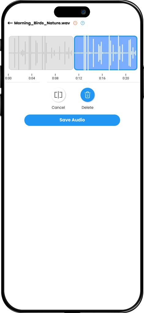 Audio waveform trimming and editing interface in the Easy Sound recorder app