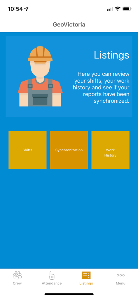 GeoVictoria - GeoVictoria mobile app listings page showing worker shifts and work history options