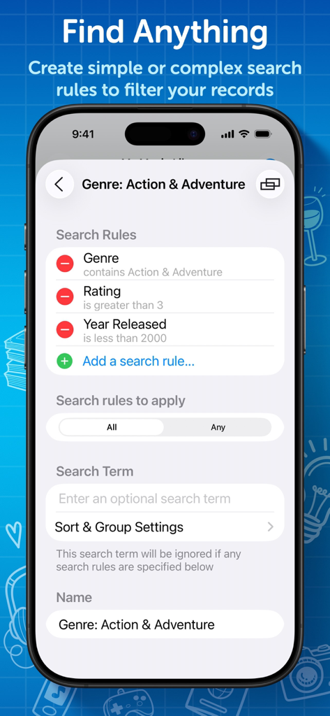 Interface do Tap Forms Database Pro mostrando regras de pesquisa avançadas e filtros para encontrar registros específicos.