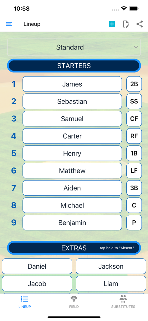 Baseball Lineup Cards - Digital baseball lineup card showing batting order and player positions