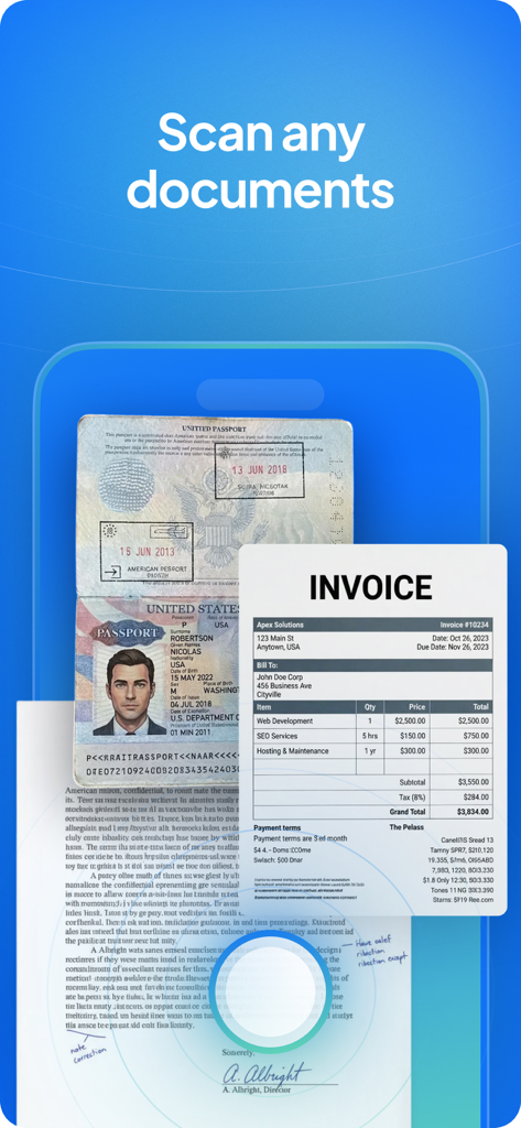 Scan.Plus mobile app interface showing various scanned documents including a passport and an invoice