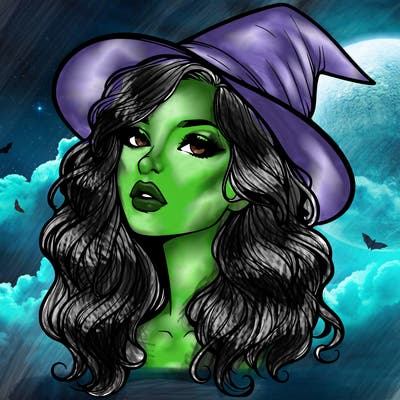 realistic witch girl with wavy hair and lips