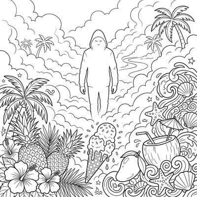 Unravel the enigma of a solitary figure cloaked in summer fog, surrounded by an abundance of tropical delights. This captivating coloring page blends mystery with the vibrant energy of a beach vacation.