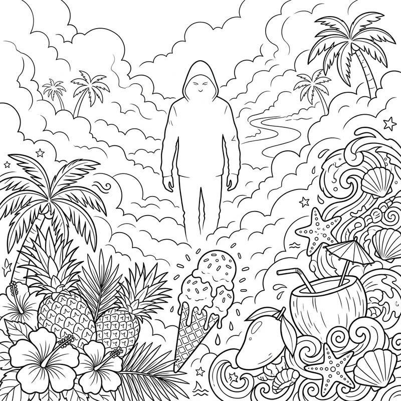 Unravel the enigma of a solitary figure cloaked in summer fog, surrounded by an abundance of tropical delights. This captivating coloring page blends mystery with the vibrant energy of a beach vacation.