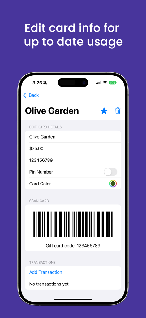 Tela do celular mostrando a página de edição de detalhes do cartão-presente com um código de barras para Olive Garden