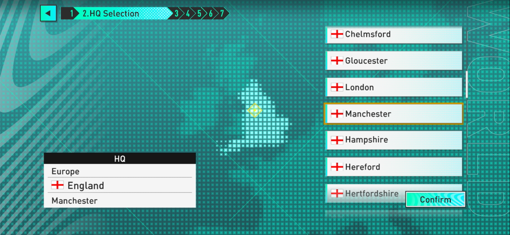 A menu screen for selecting a club headquarters location in England within the SEGA Football Club Champions mobile game