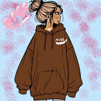 realistic girl with a oversized sweatshirt on and a bun