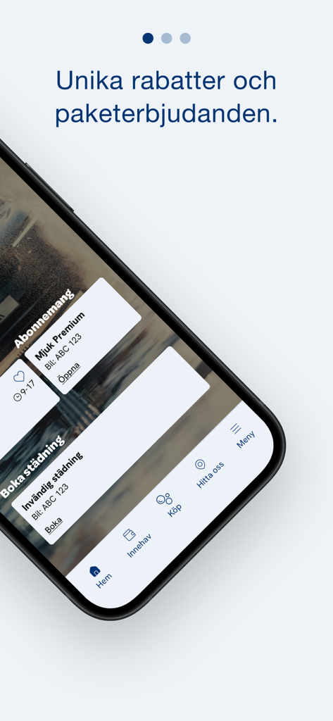 Mjuk Biltvatt app interface displaying car wash subscription and discount options