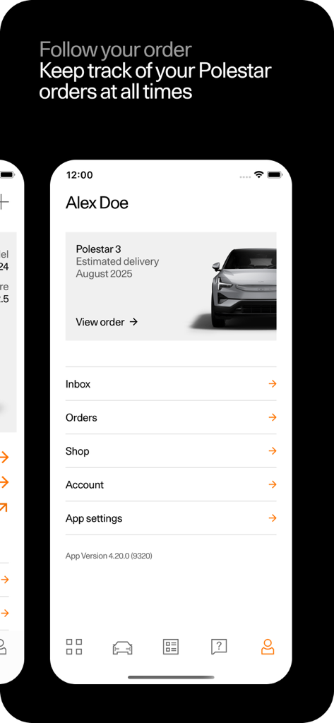 Polestar - A screenshot of the Polestar app showing a user profile with an active order for a Polestar 3 and its estimated delivery date.