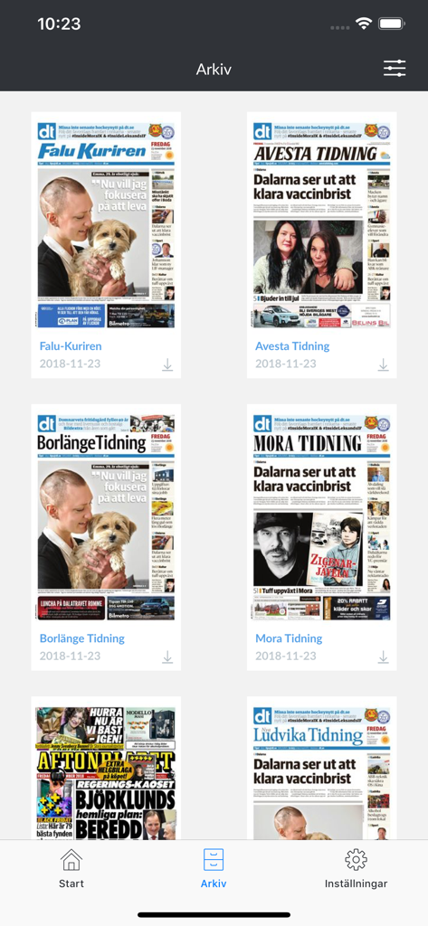 Archive view showing several Swedish local newspaper covers in the Falu Kuriren app