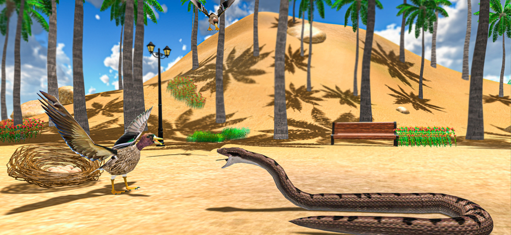 Flying Duck Life Simulator - A duck defending its egg-filled nest from a snake in a 3D simulator game environment.
