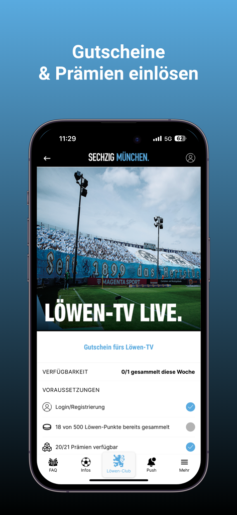 TSV 1860 München - TSV 1860 München app interface showing the Löwen-Club loyalty rewards and points status