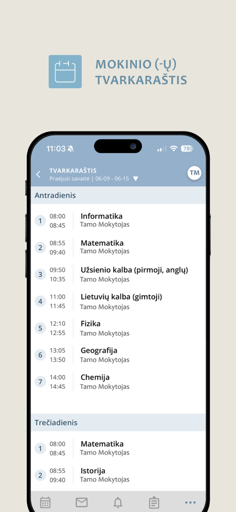 Smartphone screen showing the TAMO Ismaniems student timetable with a daily list of school subjects