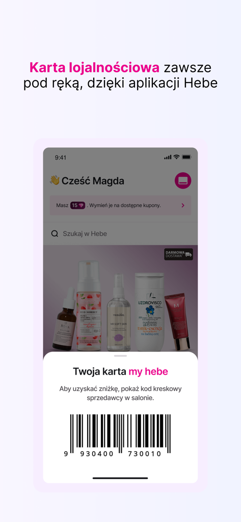 hebe - zdrowie i piękno - Hebe-App-Bildschirm zeigt eine digitale Treuekarte mit einem Barcode und Schönheitsprodukten im Hintergrund