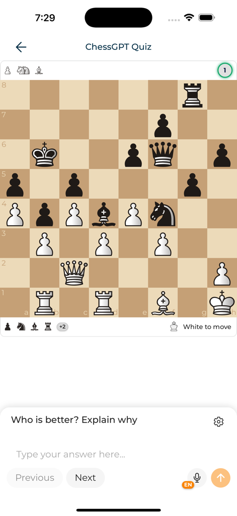 ChessMind AI - Interactive ChessGPT quiz in the ChessMind AI app asking the user to analyze a chess board position