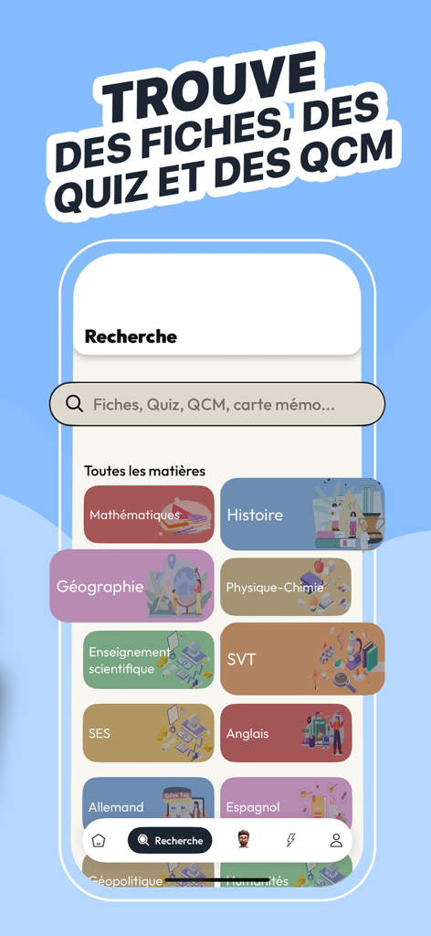 Plume - Fiches de revision - Pantalla de búsqueda de la aplicación de estudio Plume mostrando materias académicas como matemáticas, historia y ciencias para repaso