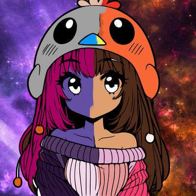 anime girl with chick shaped hat with sweater with bare shoulders with bangs covering them one eye with low tail