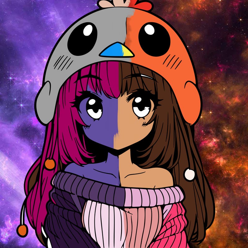 anime girl with chick shaped hat with sweater with bare shoulders with bangs covering them one eye with low tail