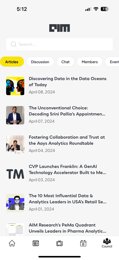 Analytics India Magazine - Captura de tela do aplicativo Analytics India Magazine mostrando um feed de artigos sobre ciência de dados, IA e machine learning.