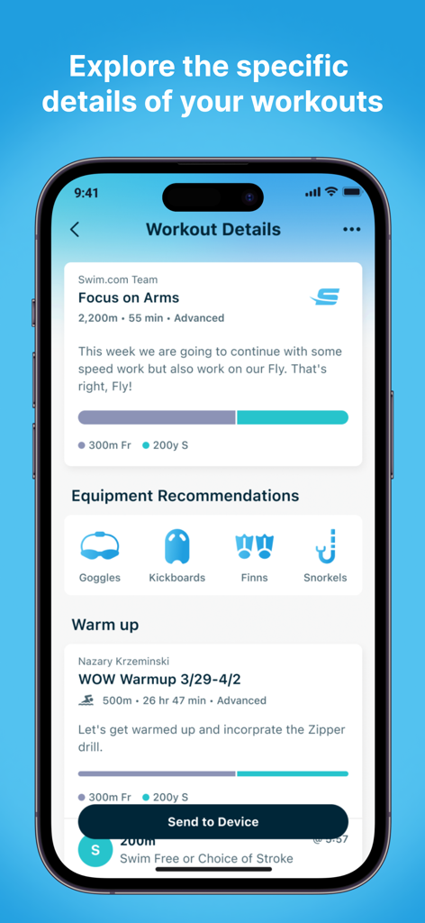 Swim.com app interface showing advanced swim workout details and equipment recommendations