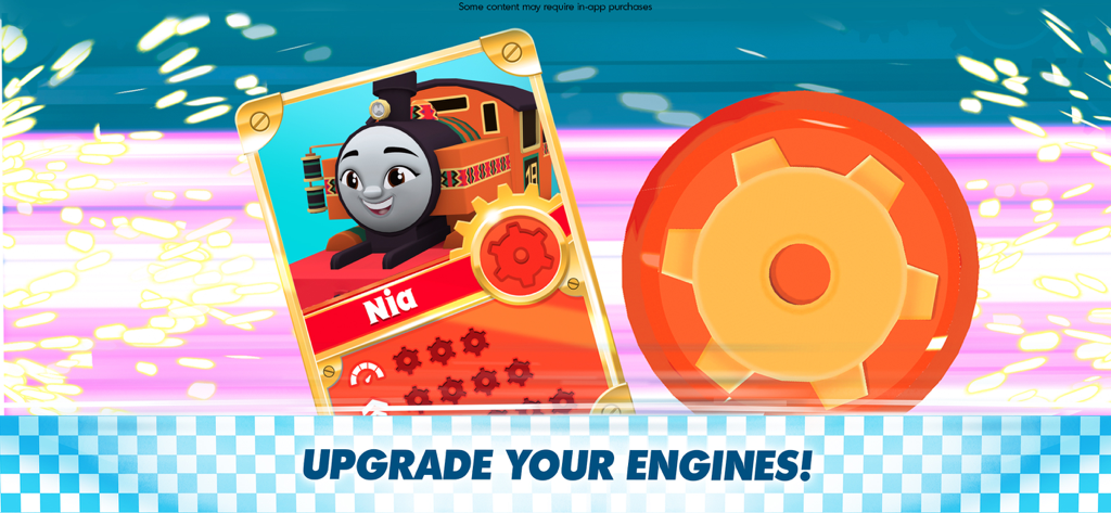 Thomas & Friends: Go Go Thomas - Cartão de personagem de Nia e uma engrenagem dourada com o texto melhore suas locomotivas