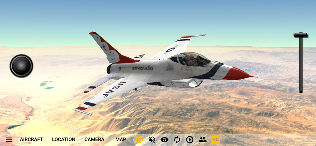 An F16 Fighting Falcon jet flying over desert mountains in the GeoFS flight simulator