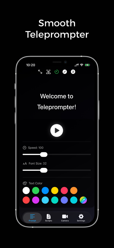 Teleprompter: Pro For Videos - Interfaz de la aplicación Teleprompter en iPhone mostrando la configuración de personalización de texto para velocidad y tamaño de fuente