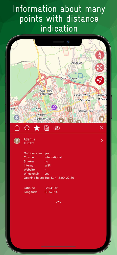 Una pantalla de smartphone que muestra detalles del restaurante, como horario de apertura y accesibilidad para sillas de ruedas, en un mapa offline de las Azores.